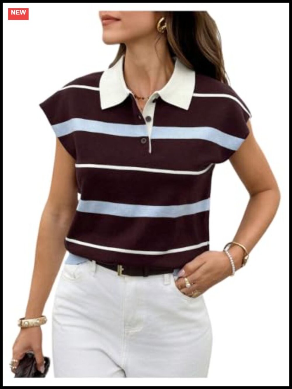 Women's Striped Sweater Vest Cap Sleeve Collared Rugby Knit Top
